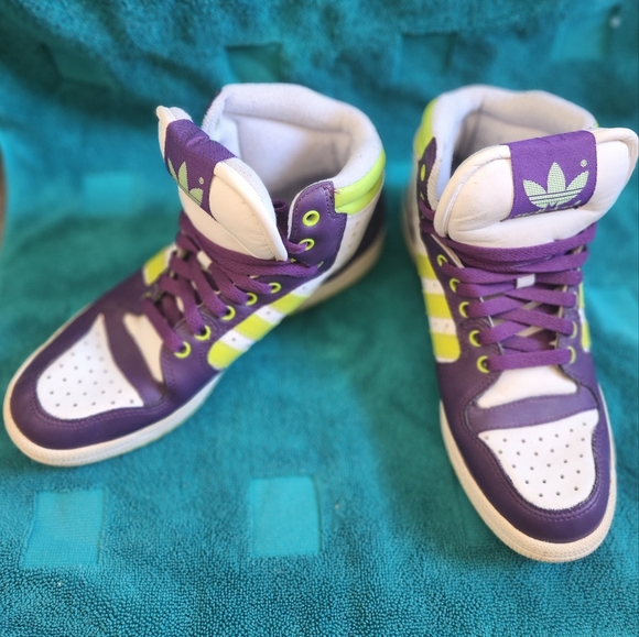 Dope Now n Later Candy Purple and Lime Green hi-top Adidas women's sz 8 - Picture 5 of 7